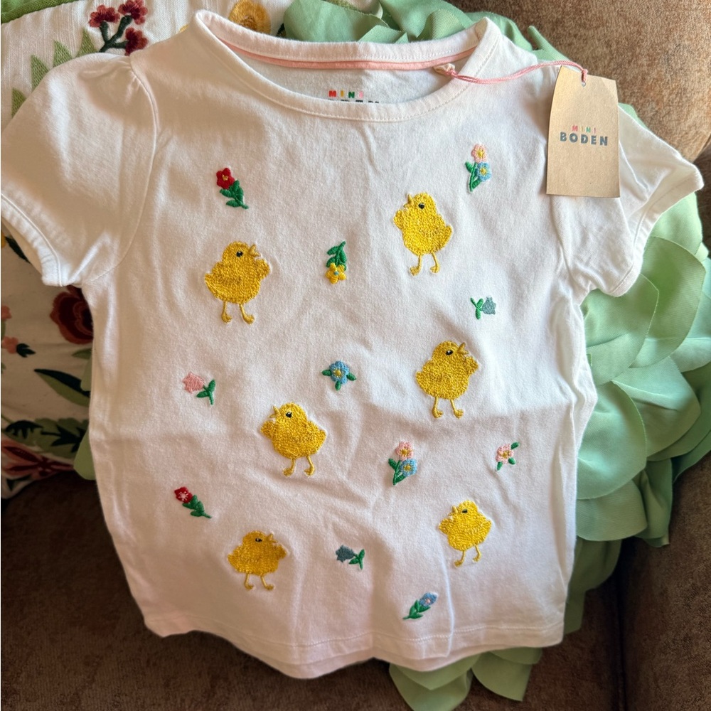 Mini Boden Girls Ivory Spring Chicks Embroidered Easter Tee